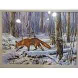 A framed and glazed watercolour depicting a fox in snow. Signed, "Ryan".