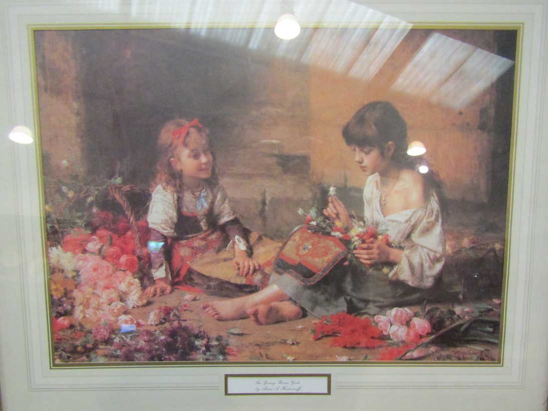 A gilt framed lithograph after Alexei Harlamoff (Russian, 1840-1922), The Young Flower Girls,