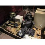 Vintage items including cameras, instruments, lantern and ceramic door plate etc.