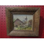 An oil on board of a Tyrolean scene in decorative carved frame, signed lower right,
