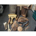 A box of treen and carved wooden items including gilded wall bracket, kitchen tools,