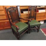 A set of six (4+2) 18th Century revival oak dining chairs with turned and carved decoration