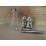 A silver and glass bitters jug,