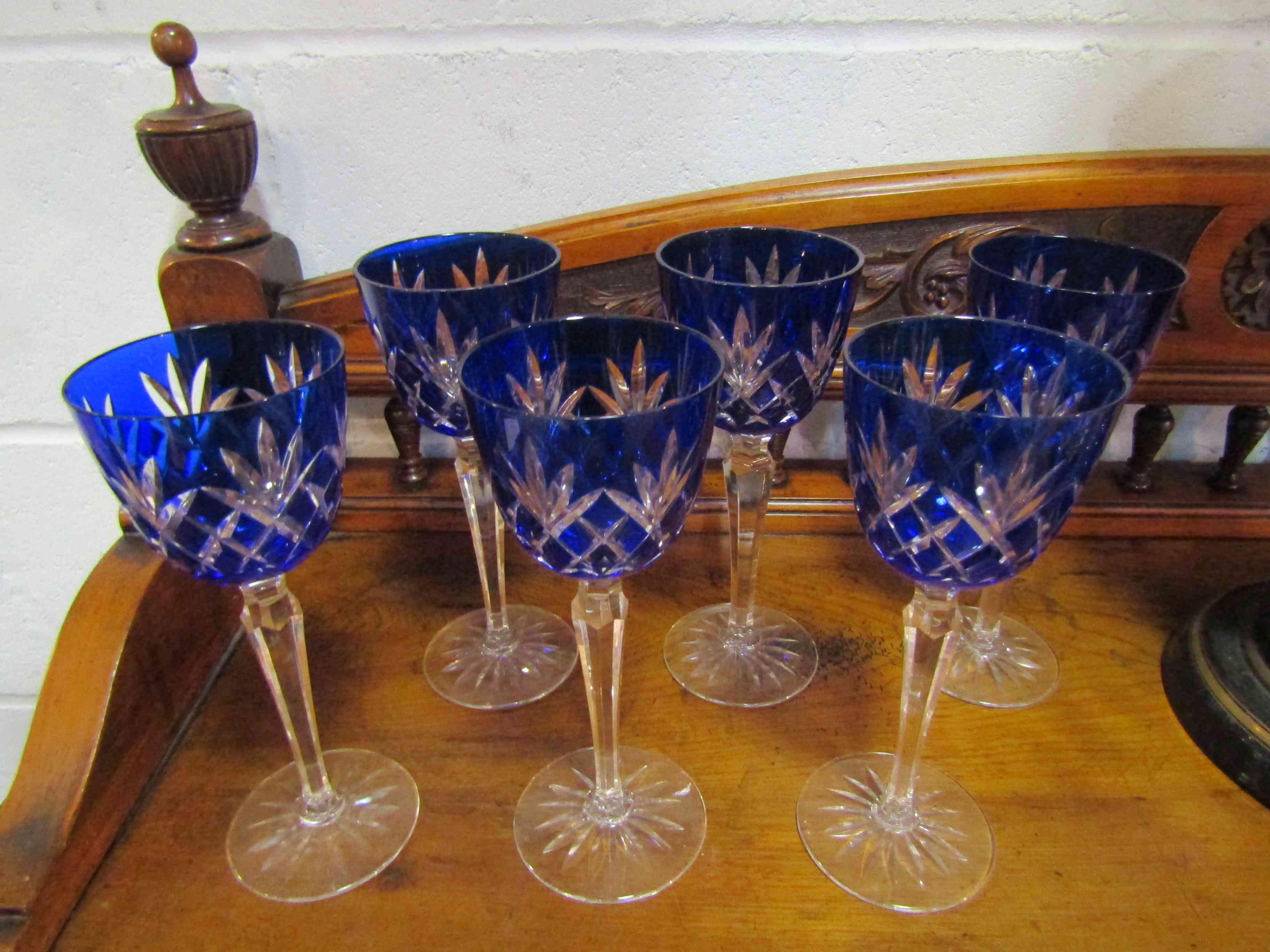 A set of six cobalt blue cut hock glasses