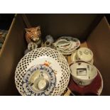A box of 19th and 20th Century ceramics including studio bowls, cat figures,
