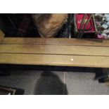 A three plank bench on metal leg frame,