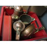 A quantity of copper and brass including Arts & Crafts jug, twisted candlesticks,