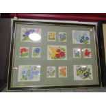 Two silk embroidered cigarette card floral illustrations with descriptions to the rear,