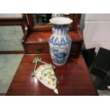 A blue and white 20th vase and a 19th Century ceramic wall pocket (2)