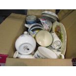 A box of assorted china including Copeland Spode tureen, Alfred Meakin, Delft tankard,