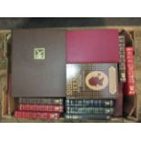 A box containing assorted volumes, leather bound examples, Sherlock Holmes etc.