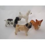 Four Beswick small dogs - White Poodle, model no. 2339, Corgi, model no. 1736, Pug, model no.