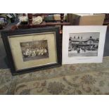 Two vintage group photographs, one depicting couple in period costume with bicycles,