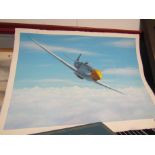MARK WILSON (20th C): An acrylic on heavy gauge cartridge paper depicting P-51 Mustang flying over