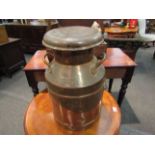 A copper 5 gallon twin handle Trowbridge Creameries lidded milk churn