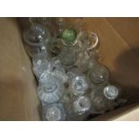 Two boxes of 19th and 20th Century glass including decanters, apothecary jars,