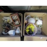 Two boxes of gas converted electrical light fittings and shades,