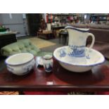 An Empire Ware East Anglia blue and white wash set- jug and bowl, chamber pot, vase and soap dish,