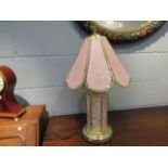 A brassed table lamp base with pink glass floral panels