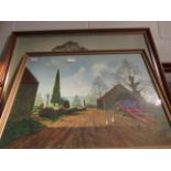 A framed and glazed print of a blue wagon with church to background dated 1959 and another (2)