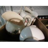 Three ceramic wash jugs and a pail