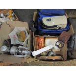 Two boxes of mixed items including mottled light shade, horse brass on leather strap, mixed china,