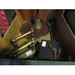 Brass fire irons, fire dogs, a hand bell, metal box safe etc.