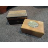 A coromandel trinket box and another with a jade type insert to lid (2)