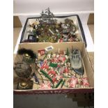 2 boxes of mainly painted metal soldiers and other figures, etc.