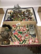 2 boxes of mainly painted metal soldiers and other figures, etc.