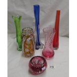 6 coloured glass vases including cut glass examples.