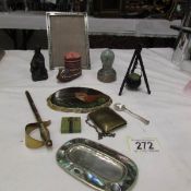 A mixed lot of collectables including silver salt spoon, silver plate pin tray,