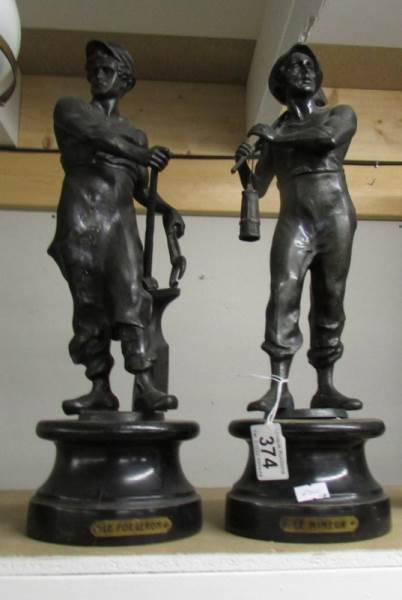 A pair of 19th century French spelter figures entitled 'Le Forgeron' and 'Le Mineur'.