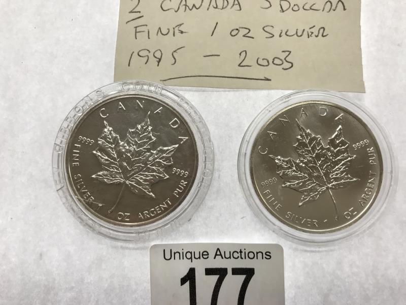 2 Canadian 5 dollar fine 1 ounce silver coins, dated 1995 and 2003. - Image 2 of 2