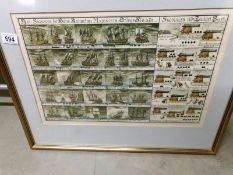 A framed and glazed 'signals' plan depicting ships and cannons,