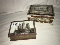 A pictorial box depicting Lincoln Cathedral and another box decorated with ivory (some damage).