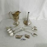 7 hallmarked silver tea spoons, a silver plate wine funnel,