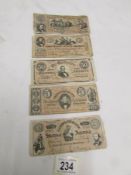 5 U.S. Confederate American bank notes.