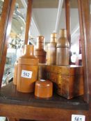 5 various sized wooden bottles, an inlaid box and 2 other items.