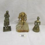 A gilded figure of a huntsman with deer across his shoulders together with 2 brass figures of