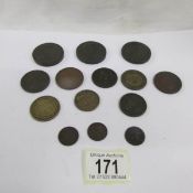 2 cartwheel pennies and other bronze coins, 1841, 1854 etc.