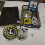 A mixed lot including AA badges, RAC badges, tax disc, railway map etc.