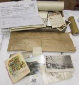 A tray of interesting ephemera, postcards,including paperwork relating to Francis Beetham of Ossett,