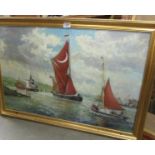 Andrew Kennedy oil on canvas maritime harbour painting featuring Thames sailing barge Cabby, signed.