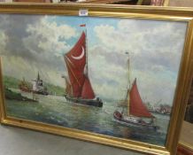 Andrew Kennedy oil on canvas maritime harbour painting featuring Thames sailing barge Cabby, signed.
