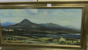 Mid-20th century Irish school framed oil on board mountainous landscape with Irish homesteads on