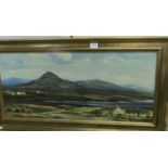Mid-20th century Irish school framed oil on board mountainous landscape with Irish homesteads on