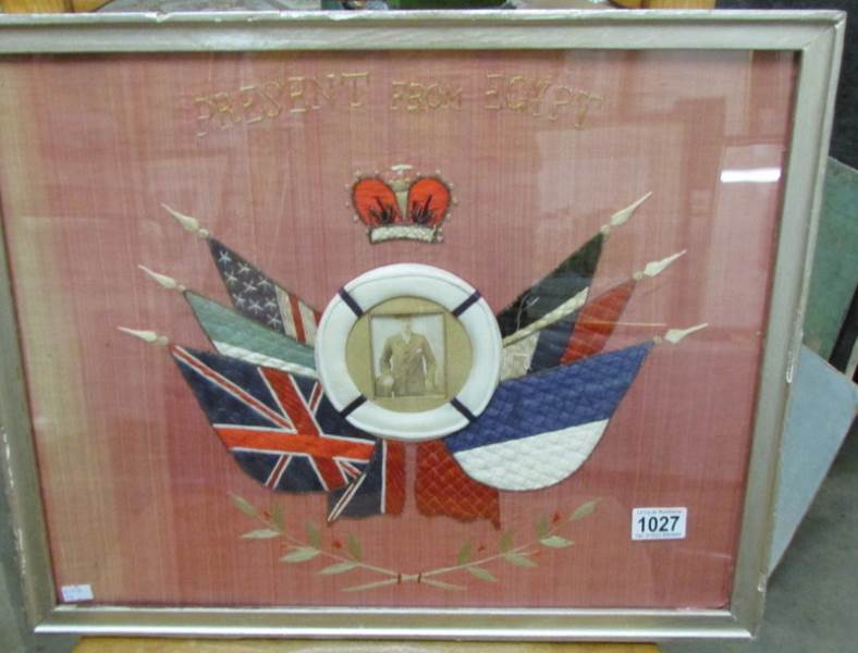 First World War memorial embroidery on sateen (silk) 'Present from Egypt' with photograph of a