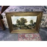 An oil on canvas landscape in gilt frame signed H.