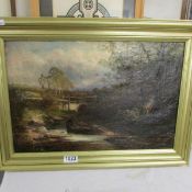 19th century oil on canvas 'Bridge Over Country Stream' signed but indistinct, dated 1883. Image 44.